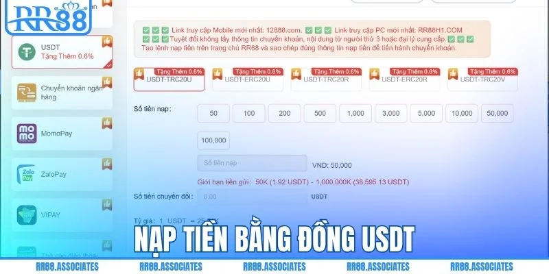 Nạp tiền bằng đồng USDT